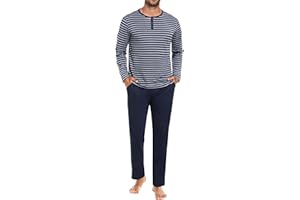 Marvmys Pijamas Hombre Invierno Algodon Largo Conjunto Manga Larga Cuello Botones Rayas Tops Pijama y Pantalones con Bolsillo