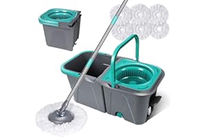 Masthome Balai à Frange et Seau à Pédale, Balai Serpillère Rotatif avec Système d'essorage Intégré, Seau Détachable avec 2 Compartiments pour Séparer l'eau Sale, Envoyer 6 Recharge en Microfibre, 6L