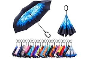 CICILIAYA Double Layer Folding Inverted Umbrella, Self Stand Upside-down Rain Protection Car Reverse Umbrellas with C-shaped Handle Big Straight Umbrella