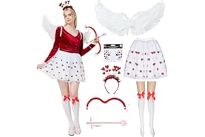 WELLCHY Costume da Cupido Donna, Cupido Arco e Freccia Set, Cerchietto a Cuore, Gonna Tulle, Cupido Calze, Costume Carnevale Donna per Adulto Carnevale, San Valentine, Halloween