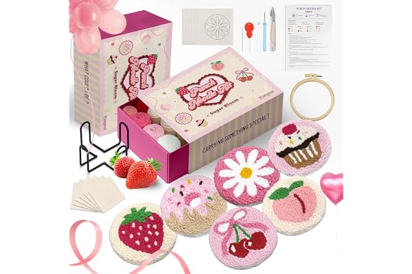 yuegool Kit de 6 sous-verres à aiguilles à poinçonner, kit de broderie facile à faire soi-même pour débutants, enfants et adultes, cadeau de Saint-Valentin avec motifs, outils, fils, cerceau,