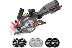 DOVAMAN Mini Circular Saw, 710W Circular Saw with Laser, 3500rpm, Metal Auxiliary Handle, Cutting Depth 43mm (90°), 29mm (45°), 6 Different Blades Ideal for Wood, Soft Metal, Plastic, Tile - MCS01A