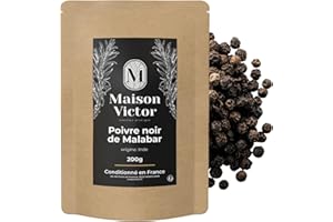 Poivre noir en grains de Malabar 200g - Maison Victor : authentique poivre de Malabar, saveur intense et arôme riche, poivre d'Inde de qualité supérieure, épice naturelle pour connaisseurs