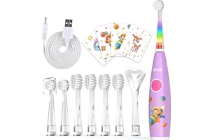 Seago Spazzolino Elettrico per Bambini con 8 Testine Morbide, LED Colorato, Timer 2 Minuti, Ricaricabile, 60 Giorni di Autonomia, Con Adesivi e Spazzolino per Lingua, Adatto 0-6 Anni SG-2159 (Rosa)