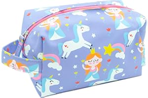 PONETTE - Neceser Infantil en Tejido Violeta con Estampado de Princesas, Unicornios, Arcoíris, Estrellas y Flores, Niño, Niña, Viaje, Estuche, Bolsa, Piscina, Colegio, Campamento, Marca Española