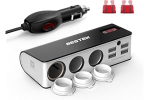‎BESTEK BESTEK 3 Fach Zigarettenanzünder 200W Verteiler LED-Anzeige mit 4 USB Anschlüsse Adapter 12/24V DC Auto Ladegerät für Smartphone Tablet GPS usw, mit 2 Sicherung, Grau
