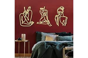 PHOTECT 3 Pieces Metal Wall Art Decor Minimalist Abstract Woman Wall Art Modern Line Drawing Wall Art Decor Metal Female Single Line Wall Home Hanging for Bedroom Kitchen Bathroom Living Room (Gold, Cute)