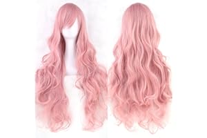 Colorful panda 32 pulgadas 80cm de Rosado largo pelucas onduladas rizadas cosplay para mujeres y niñas, peluca natural sintética resistente al calor para disfraz fiesta Halloween
