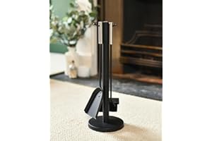 BLACK COUNTRY METAL WORKS Contemporary Three Piece Fireplace Accessories Companion Set with Brushed Steel Handles - Fireside Tools with Poker, Brush and Pan- Elegant and Functional Fireside Companion Set for Fire Log Burner