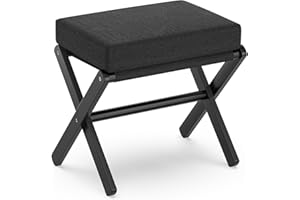 ‎BAMBOOHOMIE BAMBOOHOMIE Makeup Eitelkeit Hocker, Faltbarer Fußhocker mit Bambus X Beinen, Ottoman Fußstütze Stuhl für Vanity, Moderne Fußhocker klein gepolstert für Wohnzimmer (Schwarz - Schwarz)
