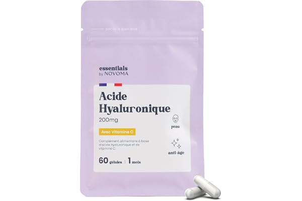 Acide Hyaluronique Pur, 60 Gélules Vegan, Action Anti-Âge + Anti-Rides, 800-900 kDa, Cure de 1 mois, Hydratation de la Peau, Avec Vitamine C, Fabriqué en France, Essentials by NOVOMA