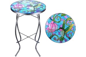 MUMTOP Side Patio Tables-Mosaic Outdoor Side Table - 14’’ Hummingbird and Flower Glass Accent Round End Table, Plant Stand Indoor Small Coffee Table for Garden or Living Room Decor