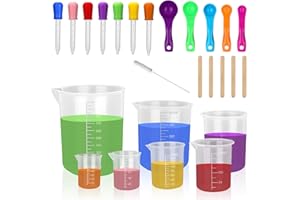 Furuising 25Pcs Plastic Measuring Cups with Spoons and Droppers, 7Pcs Heat Resistant Measuring Jugs, Labs Graduated Beakers Mixing Cups for Kitchen Science(1000ml 500ml 250ml 200ml 150ml 100ml 50ml)