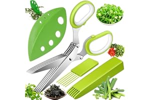 SoundZero Ciseaux à Herbes de Cuisine en Acier Inoxydable - Polyvalents à 5 Lames Avec Couvercle Sécurité et Peigne Nettoyage