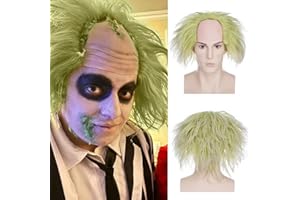 PARXITN Męska peruka, syntetyczna peruka z krótkimi włosami, Cospaly Beetlejuice, zielona, puszysta, na Halloween, do kostiumu, peruki dla kobiet i mężczyzn
