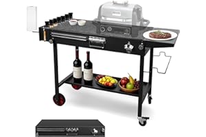 MDDK DY Folding BBQ Table for Outdoor Kitchen – Heavy-Duty Pizza Oven Stand with Wheels, Storage Shelf & Tool Hooks – Heat-Resistant BBQ Prep Table, Portable Outdoor Kitchen Unit