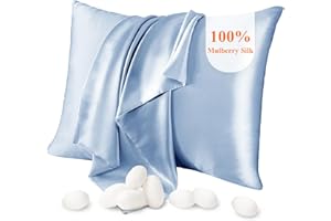Jaciu Funda de Almohada 100% Seda, para el Cabello y la Piel, Ambos Lados Funda de Almohada de Seda Morera 21 Momme, 600 Hilos, Suave y Transpirable, （Azul Claro, estándar: 51x91 cm, 1 Pieza