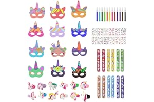 VicBou 12 Piezas Máscaras Para Cumpleaños Unicorn, Mascarilla Colorida De Manualidades para Niños Máscara, 12 Bolígrafos de Colores, 12 Pulseras de Silicona de Unicornio para Bolsas de Fiesta, Cosplay