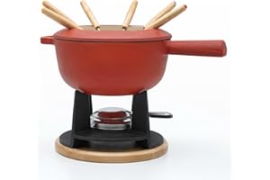 osoltus Fondue | Käsefondue | Fleischfondue Set Gusseisen 6 Personen Emaille | 13 TLG. inklusive Holzbrett und Fonduegabeln (rot matt)