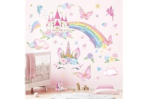 Fufuquare Adesivi Murali Dream Vinile Rosa Caricature Arcobaleni Rose Farfalle Castelli Non Tossici per Stanze di Ragazze e Bambini