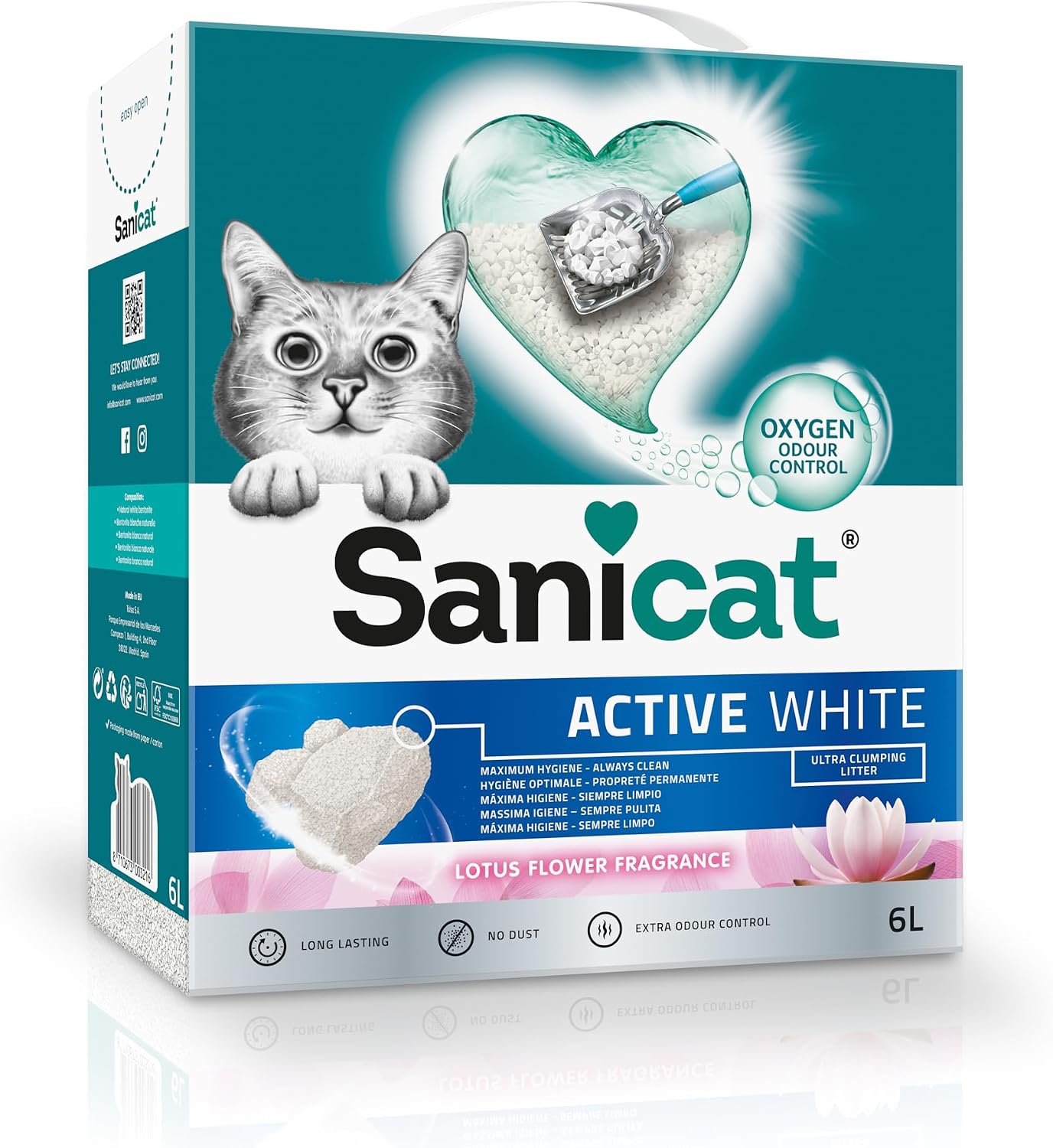 Sanicat - Arena Aglomerante Active White con Flor de Loto, Hecha de minerales naturales con control de olor garantizado, Absorbe la humedad y facilita la limpieza, 6 L de capacidad