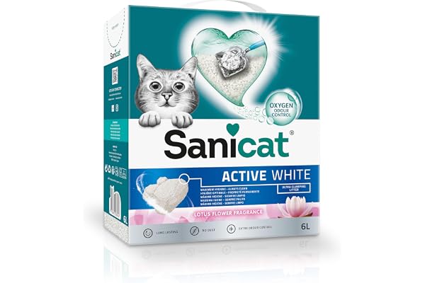 Sanicat - Arena Aglomerante Active White con Flor de Loto, Hecha de minerales naturales con control de olor garantizado, Absorbe la humedad y facilita la limpieza, 6 L de capacidad