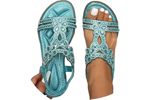 PXJSDWE Sandalen Damen Sommer Elegant Boho Flache Sandalen mit Strass Glitzer T-Riemen Sommerschuhe Flip Flops Weichen Sohlen Bequem Sandaletten Freizeit Gummiband Slingback Strandsandalen