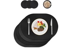 ‎WAKOSAN Tischsets und Untersetzer aus Kunstleder, Platzdeckchen abwaschbar,Platzsets abwaschbar,Tischdeko,Tischset rund,Platz-Matten für Küche Speisetisch,4er-Set (Oval, Schwarz)