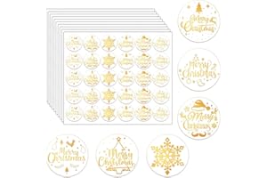 XNBTFK 300 Pcs Christmas Stickers 3.8cm, 6 Clear Gold Designs Merry Christmas Snowflake Stickers for Kids Card Making, Envelopes, Crafts, Presents