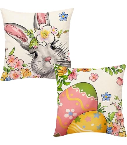 YMQIANYU Set di 4 federe per cuscino 45 x 45 – Decorazioni pasquali con coniglietto e uova