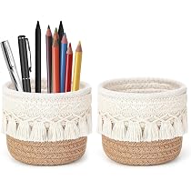 Paniers Tressés Pour Rangement Pinceaux Maquillage - Lot De 2, 10x10cm, En Corde De Coton Avec Pompons, Déco Bohème