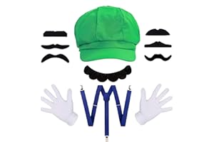 NebulaGlam Halloween Disfraz Mario Bros Mario y Luigi Sombrero Bigote Guantes Tirantes Cosplay Disfraz Carnaval Halloween Mujer Hombre Niños Fiesta Disfraz Accesorios