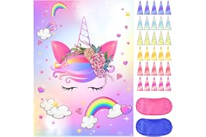 NEBURORA Pin The Horn on The Unicorn with 30 PCS Horns Unicorn Birthday Party Supplies for Girls Birthday Party Game for Kids