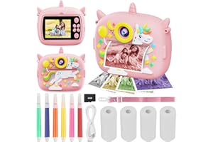 EDTEANU Appareil Photo Instantané, 2,4" Écran Appareil Photo Instantané Enfant a Carte 32G/4 Rouleaux Papier/6 Stylos Colorés, 1080P Appareil Photo Enfant Instantanée pour Enfant 3-12Ans - Selfie/Photo(Rose)