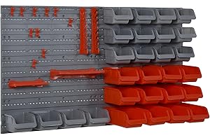 DURHAND Organizador de Herramientas de Pared de 44 Piezas 95x54 cm Estantería de Pared para Herramientas con 28 Cajas Apilables y Diferentes Ganchos Gris y Rojo