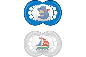MAM Original - Lot de 2 tétines, en silicone spécial MAM SkinSoft, respectueuses des dents, avec boîte à tétine, pour bébé de 16 mois et plus - Motifs : ours/bateau