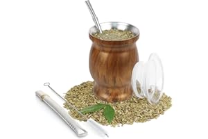 ROCKY&CHAO Mate Argentino - 9 Once Yerba Mate Set in Acciaio Inossidabile con Coperchio Senza BPA Due Cannucce Mate e Una Spazzola per la Pulizia - Per Bere Yerba Mate Argentino (Marrone)