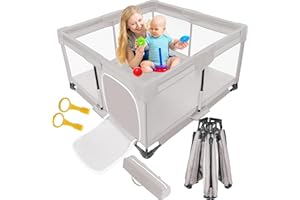 HEMUYT Box Bambini Pieghevole, 127cm Recinto per Bambini con Rete Traspirante e Base Antiscivolo, Box Neonato Pieghevole con Porta Cerniera, Facile da Disfare e Piegare in Pochi Minuti, da 0 a 6 Anni