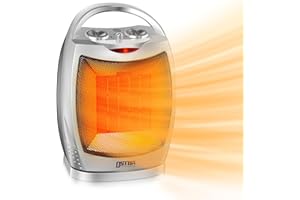 KITPRESENT Stufetta Elettrica Basso Consumo, 1500W Termoventilatore Ceramico con Termostato, Protezione da Surriscaldamento e Ribaltamento, Oscillazione 70° e 2 Impostazioni di Temperatura, Argentato