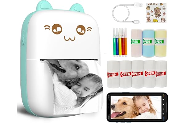 Mini imprimante thermique portable, imprimante étiquette autocollante avec 8 rouleaux de papier, etiqueteuse sans fil Bluetooth compatible avec iOS et Android – Idéale pour journal, mémo, photo
