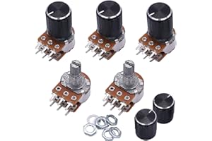 Taiss 5 pièces Potentiomètre 10K Ohm,Linéaire Potentiomètre rotatif 6 broches,Dual Taper Audio B Type Résistance Réglable,Longueur de l'arbre:15 mm + 5 pièces Bouton WH148s-B10K
