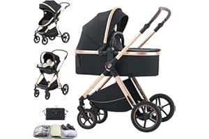 Shineey Stroller 3 in 1 Travel System Aluminium Frame High Landscape Combined Strollers Lightweight Folding Pram for Newborns Toddlers 0-36 Months from Birth Aluminium Pushchair
