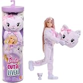 Barbie Cutie Reveal bebek ve aksesuarları, Yumuşak Dostlar Serisi kedicik, renk değişimi ve mini evcil hayvan dahil 10 s&uuml;rpri