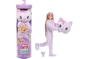 Barbie Cutie Reveal docka och tillbehör, gosig kattunge | med 10 överraskningar inklusive färgskifte och minihusdjur, JJP64