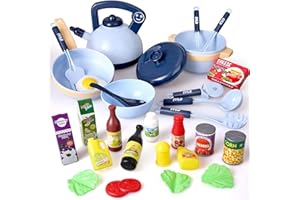Veluoess 30 Piezas Juguete de Cocina para Niños,Juguete de Comida con Macetas Sartenes Utensilios de Cocina y Accesorios para Alimentos,Juguete de Imitación Regalos Educativos para Niños y Niñas(AZUL)