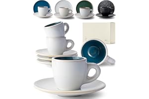 ‎KIVY KIVY Espressotassen Set [4 x 75ml] - Handgefertigt aus dickwandigem Steingut Tasse - Espresso Tassen Set mit Untertasse - Espressotassen dickwandig italienisch - Espressotasse Blau Beige - Mokkatassen