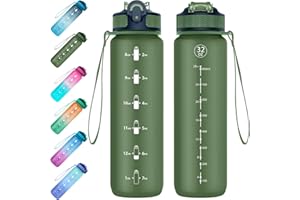 EYQ Bouteilles d'eau avec paille 1 litres, Gourde sport avec Fitness motivant et marqueurs de temps, sans BPA, tritan bouteille d'eau pour Camping, Cyclisme, gym, bureau (Verde intenso)