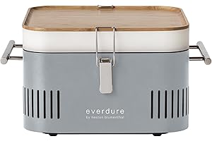 Everdure by Heston Blumenthal Cube Portable Charcoal BBQ Grill – Compact Travel Barbecue with Bamboo Tray, Chrome Rack, Porcelain Enamel Firebox & Cool Touch Handles – Outdoor Camping BBQ in Stone