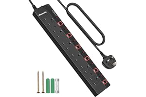 DEWENWILS 6 Way Surge Protected Extension Lead with Individual Switches and Indicator Lights, Extension Cable 3M, 13Amp 6Gang Power Strip Lead, Black