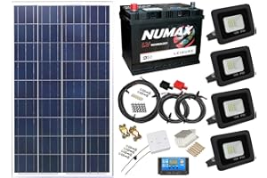 LOWENERGIE Solar Powered Lighting Kit Sheds Garage Off Grid Battery, Panel, Floodlight, Cables (100w Solar Panel, 4 x10w 12v DC Floodlight)